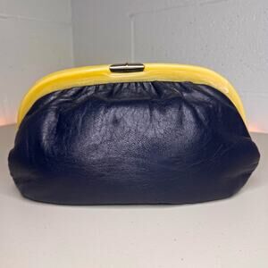 Vintage Navy Blue Genuine Leather Clutch Lucite Frame Kiss Lock Purse 1980s
